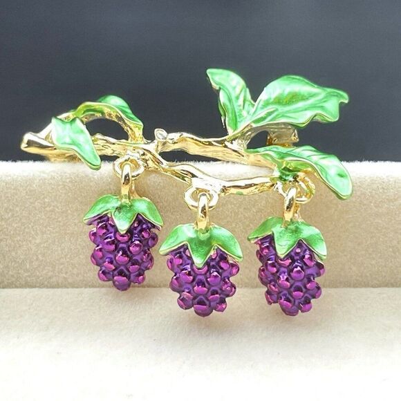 Yellow Gold with Purple and Green Enamel Dangling Grape Cluster Pin Back Brooch - Picture 5 of 7